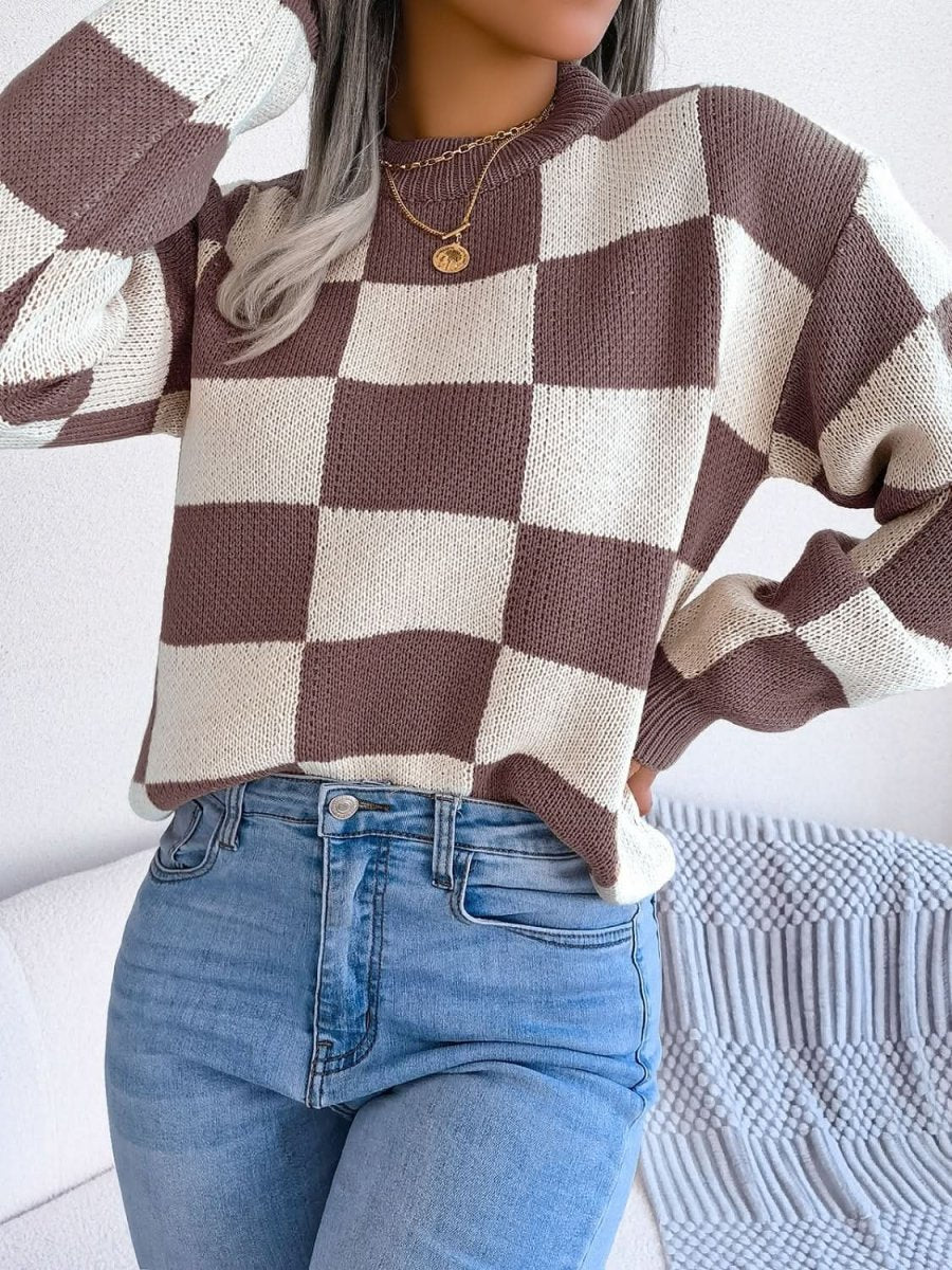 Checkered Mock Neck Long Sleeve Sweater - Love Salve